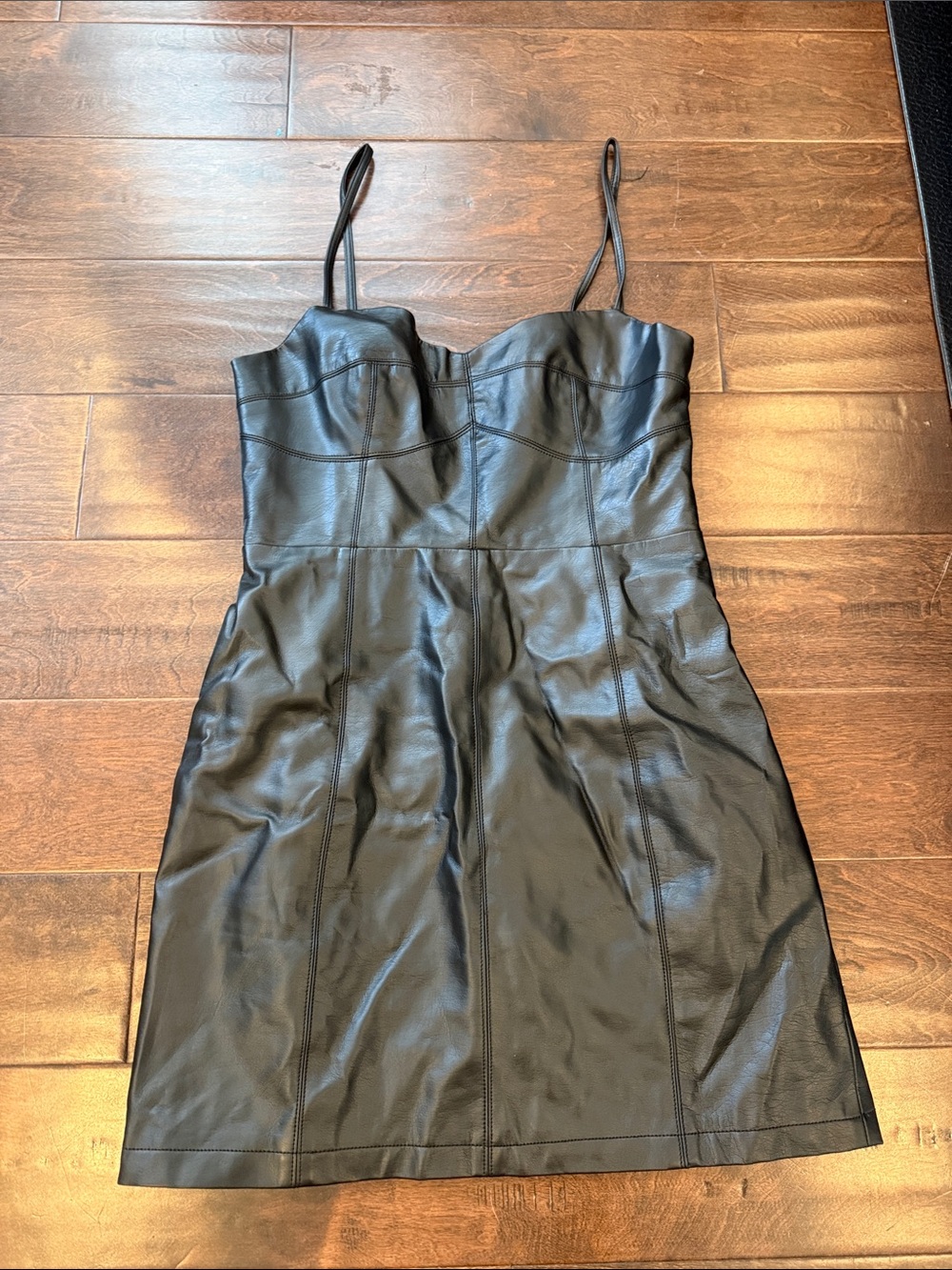 Showpo Black Faux Leather Mini Dress with Spaghetti Straps